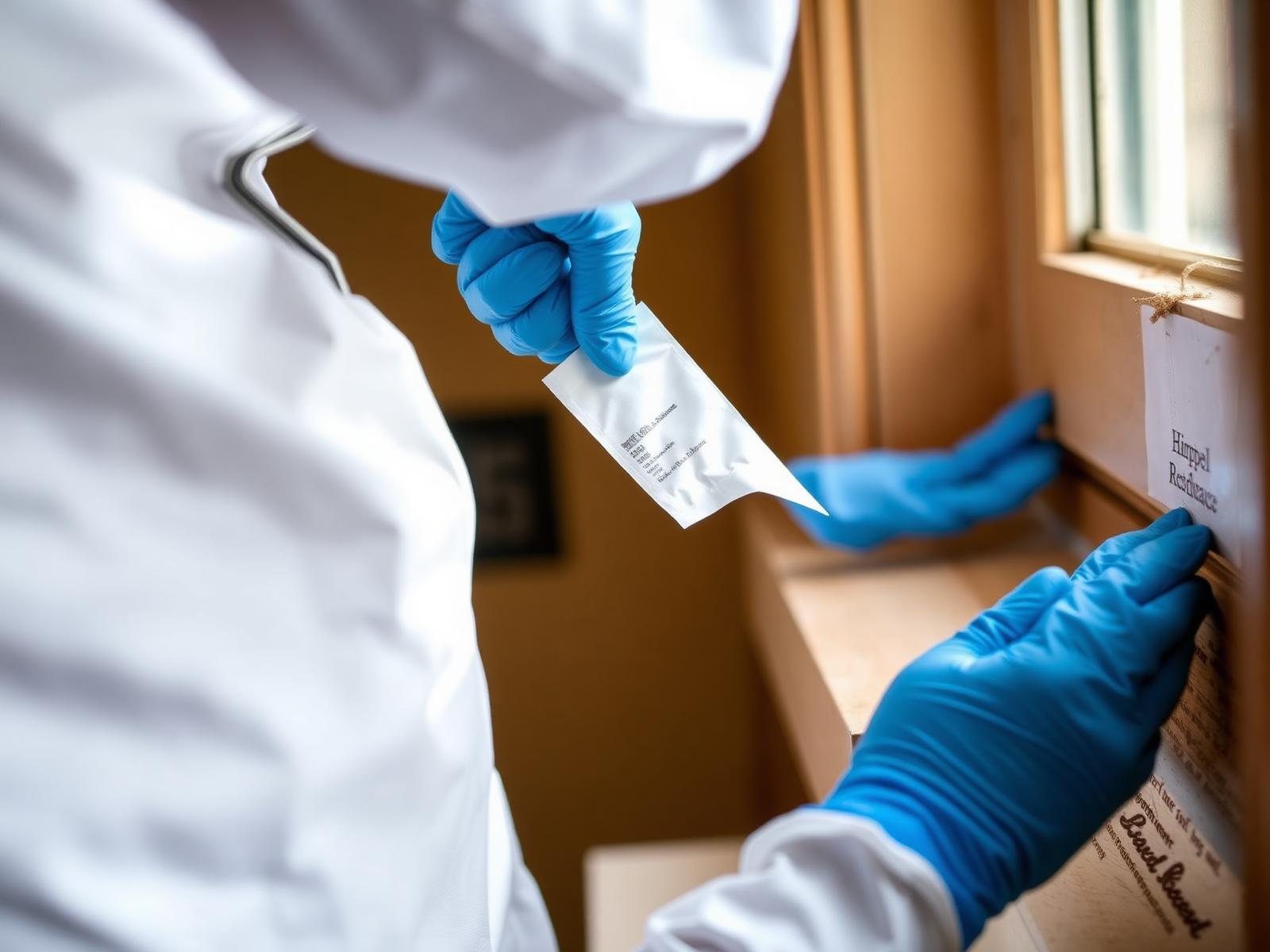 Certified technician collecting a lead dust wipe sample at a window sill